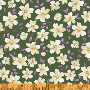 Briarwood, hvite blomster m lilla blader på grønn bunn