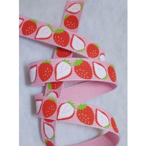 Webbing  Rosa med Jordbær, 25mm bred